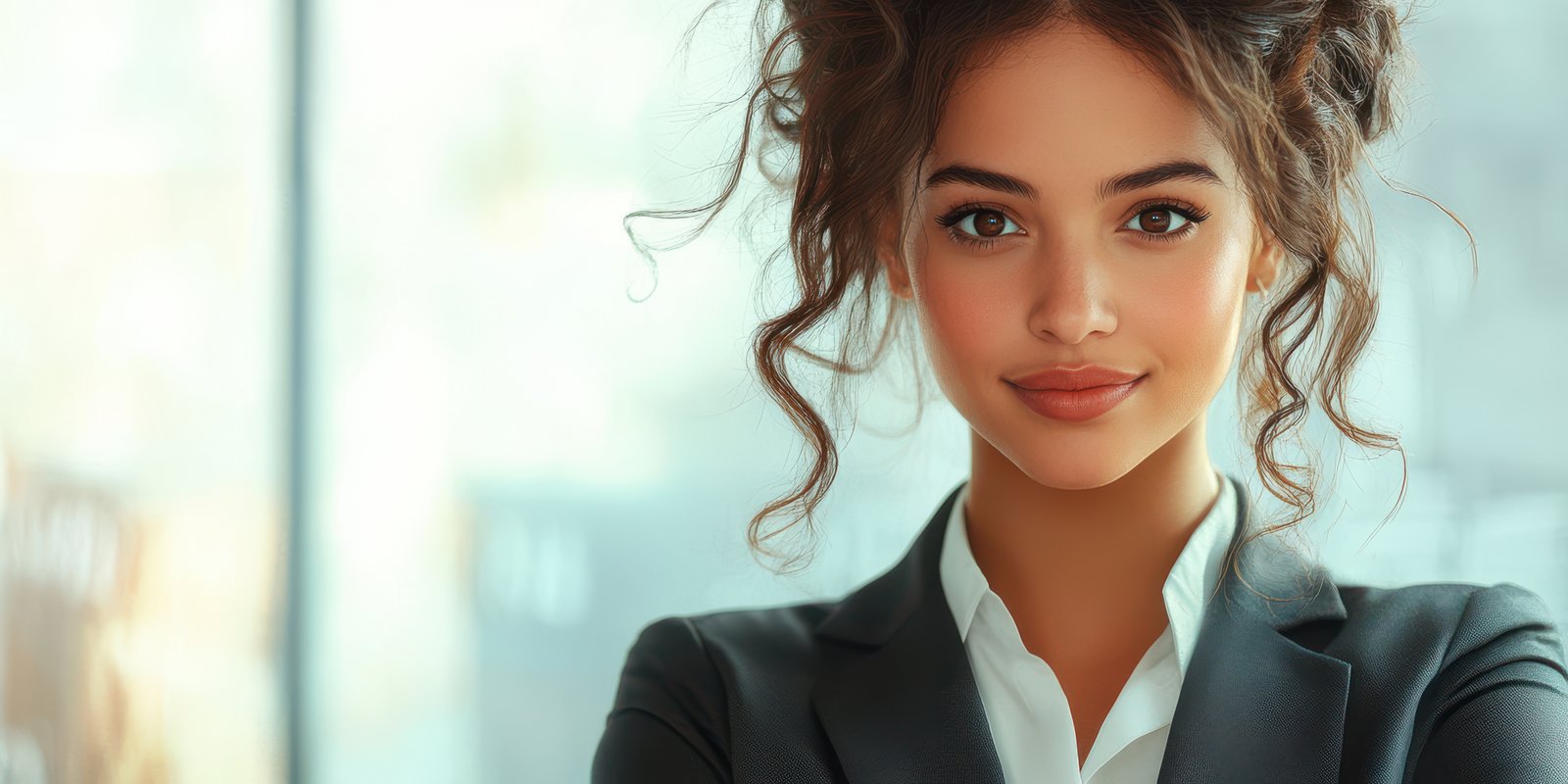 Confident young woman in business attire poses in an office setting with natural light